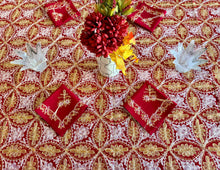 Load image into Gallery viewer, Table Cover: 156 x 78 inches Approx’. Aghabani Oriental for Rectangle Tables, Red background with Gold & Pink Silk Embroidery