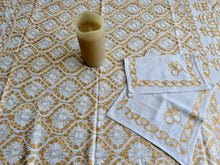 Load image into Gallery viewer, Table Cover: 58 x 58 inches Approx'. Off white background with Gold and White Silk Embroidery tablecloth Handmade Aghabani for Square tables