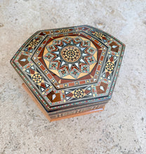 Load image into Gallery viewer, Hexagonal Mosaic Inlay Jewelry Box, Middle Eastern Marquetry with Mother of Pearl, Red Velvet Lined Trinket Box