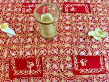 Load image into Gallery viewer, Table Cover: 177 x 74 inches Approx’. Aghabani Oriental for Rectangle Tables, Red background with Gold & White Silk Embroidery