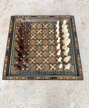 Load image into Gallery viewer, Vintage Mosaic Chess Board with Wooden Pieces, Inlaid Marquetry Game Set, Mother-of-Pearl Accents