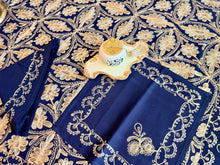 Load image into Gallery viewer, Navy Blue & Gold Embroidered Tablecloth Set – Elegant Floral Design | 94” x 59” | Set of 12 Napkins