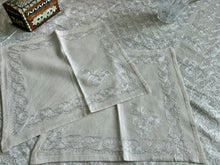 Load image into Gallery viewer, Table Cover: 57 x 57 inches Approx'. Aghabani Oriental for Square Tables. Beige background with White and Silver Silk