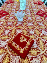 Load image into Gallery viewer, Table Cover: 156 x 78 inches Approx’. Aghabani Oriental for Rectangle Tables, Red background with Gold & Pink Silk Embroidery
