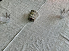 Load image into Gallery viewer, Table Cover: 57 x 57 inches Approx'. Aghabani Oriental for Square Tables. Beige background with White and Silver Silk