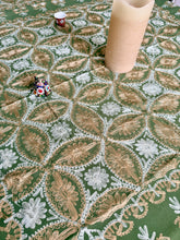 Load image into Gallery viewer, Table Cover: 58 x 58 inches Approx'. Olive Green background with Gold and White Silk Embroidery tablecloth Handmade Aghabani for Square tables