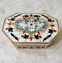 Load image into Gallery viewer, Mother-of-Pearl Inlaid Jewelry Box | Handmade Mosaic Marquetry | Octagonal Wooden Trinket Box with Abalone Shell