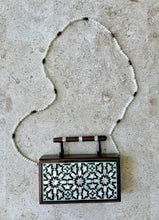 Load image into Gallery viewer, Handcrafted Mother-of-Pearl Inlaid Clutch | Damascene Geometric Star Design | Wooden Handle Evening Bag