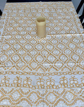 Load image into Gallery viewer, Table Cover: 58 x 58 inches Approx'. Off white background with Gold and White Silk Embroidery tablecloth Handmade Aghabani for Square tables