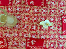 Load image into Gallery viewer, Table Cover: 177 x 74 inches Approx’. Aghabani Oriental for Rectangle Tables, Red background with Gold & White Silk Embroidery