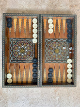 Load image into Gallery viewer, Handmade Mosaic Backgammon Set – Inlaid Walnut Wood & Mother-of-Pearl Game Board