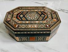 Load image into Gallery viewer, Handcrafted Marquetry Box | Mother of Pearl & Wood Inlay Octagonal Box | Middle Eastern Mosaic Jewelry Box