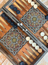 Load image into Gallery viewer, Handmade Mosaic Backgammon Set – Inlaid Walnut Wood & Mother-of-Pearl Game Board