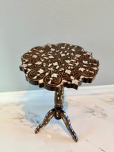 Load image into Gallery viewer, Mother of Pearl Inlay Side Table, Tripod Wood Accent Table, Vintage Moorish Style Plant Stand, Scalloped Top Occasional Table