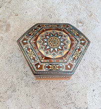 Load image into Gallery viewer, Hexagonal Mosaic Inlay Jewelry Box, Middle Eastern Marquetry with Mother of Pearl, Red Velvet Lined Trinket Box