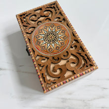 Load image into Gallery viewer, Handmade Marquetry Jewelry Box | Mother-of-Pearl Star Inlay | Wood Mosaic Keepsake Box | Velvet Lined | 9.25 x 5.4 x 3.1 in