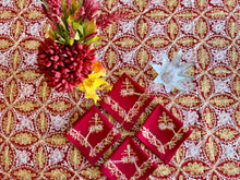 Load image into Gallery viewer, Table Cover: 156 x 78 inches Approx’. Aghabani Oriental for Rectangle Tables, Red background with Gold & Pink Silk Embroidery