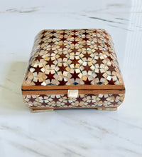 Load image into Gallery viewer, Vintage Khatam Mosaic Inlay Box | Micro-Mosaic Marquetry Jewelry Box | Star & Diamond Pattern | 6.1 x 6.1 x 3.5”
