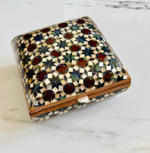 Load image into Gallery viewer, Vintage Khatam Mosaic Inlay Box | Micro-Mosaic Marquetry Jewelry Box | Star & Diamond Pattern | 6.1 x 6.1 x 3.5”