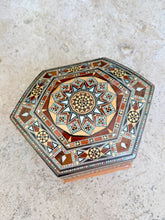 Load image into Gallery viewer, Hexagonal Mosaic Inlay Jewelry Box, Middle Eastern Marquetry with Mother of Pearl, Red Velvet Lined Trinket Box