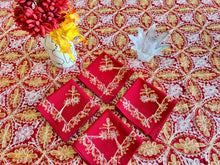 Load image into Gallery viewer, Table Cover: 156 x 78 inches Approx’. Aghabani Oriental for Rectangle Tables, Red background with Gold & Pink Silk Embroidery