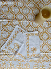 Load image into Gallery viewer, Table Cover: 58 x 58 inches Approx'. Off white background with Gold and White Silk Embroidery tablecloth Handmade Aghabani for Square tables
