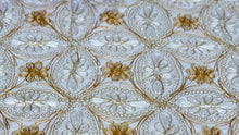 Load image into Gallery viewer, Table Cover: 117 x 69 inches Approx'. Aghabani Oriental for Rectangle Tables, White background with White and Gold Silk Embroidery
