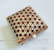Load image into Gallery viewer, Vintage Khatam Mosaic Inlay Box | Micro-Mosaic Marquetry Jewelry Box | Star & Diamond Pattern | 6.1 x 6.1 x 3.5”
