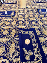 Load image into Gallery viewer, Table Cover: 156 x 78 inches Approx’. Aghabani Oriental for Rectangle Tables, Navy Blue background with Gold Silk Embroidery
