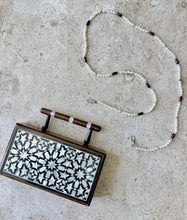 Load image into Gallery viewer, Handcrafted Mother-of-Pearl Inlaid Clutch | Damascene Geometric Star Design | Wooden Handle Evening Bag