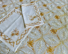 Load image into Gallery viewer, Table Cover: 117 x 69 inches Approx'. Aghabani Oriental for Rectangle Tables, White background with White and Gold Silk Embroidery