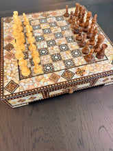 Load image into Gallery viewer, Mother-of-Pearl Mosaic Chess Set with Storage Drawer | Handcrafted Inlaid Wood Chessboard & Carved Chess Pieces | Middle Eastern Marquetry