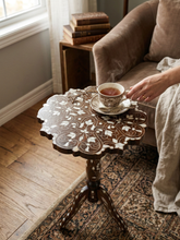 Load image into Gallery viewer, Mother of Pearl Inlay Side Table, Tripod Wood Accent Table, Vintage Moorish Style Plant Stand, Scalloped Top Occasional Table