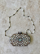 Load image into Gallery viewer, Handmade Mother-of-Pearl Mosaic Clutch Bag | Wooden Geometric Star Inlay Purse | Beaded Pearl Chain Strap