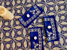 Load image into Gallery viewer, Table Cover: 156 x 78 inches Approx’. Aghabani Oriental for Rectangle Tables, Navy Blue background with Gold Silk Embroidery