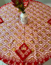 Load image into Gallery viewer, Round Table Cover. Diameter: 78 inches Approx'. Aghabani Oriental for Round Tables. Red background with Gold & White Silk