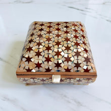 Load image into Gallery viewer, Vintage Khatam Mosaic Inlay Box | Micro-Mosaic Marquetry Jewelry Box | Star & Diamond Pattern | 6.1 x 6.1 x 3.5”