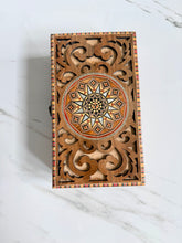 Load image into Gallery viewer, Handmade Marquetry Jewelry Box | Mother-of-Pearl Star Inlay | Wood Mosaic Keepsake Box | Velvet Lined | 9.25 x 5.4 x 3.1 in