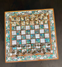 Load image into Gallery viewer, Luxury Abalone & Mother of Pearl Chess Set | 16x16 Handcrafted Mosaic Board | Gold & Silver Metal Pieces | Collector Gift | Home Decor