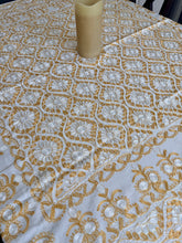Load image into Gallery viewer, Table Cover: 58 x 58 inches Approx'. Off white background with Gold and White Silk Embroidery tablecloth Handmade Aghabani for Square tables