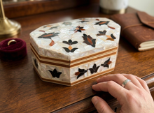 Load image into Gallery viewer, Mother of Pearl Mosaic Jewelry Box | Handcrafted Octagonal Trinket Box with Inlaid Floral Design