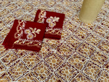 Load image into Gallery viewer, Table Cover: 135 x 78 inches Approx’. Aghabani Oriental for Rectangle Tables, Burgundy background with Gold & White Silk Embroidery