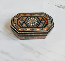 Load image into Gallery viewer, Handcrafted Marquetry Box | Mother of Pearl & Wood Inlay Octagonal Box | Middle Eastern Mosaic Jewelry Box