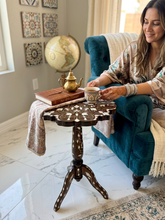 Load image into Gallery viewer, Mother of Pearl Inlay Side Table, Tripod Wood Accent Table, Vintage Moorish Style Plant Stand, Scalloped Top Occasional Table