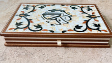 Load image into Gallery viewer, Handcrafted Mother of Pearl Mosaic Box — “Al-Quran Al-Kareem” Wooden Storage Box with Arabic Calligraphy