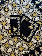 Load image into Gallery viewer, Table Cover: 58 x 58 inches Approx'. Black background with Gold and Silver Silk Embroidery tablecloth Handmade Aghabani for Square tables