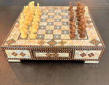 Load image into Gallery viewer, Mother-of-Pearl Mosaic Chess Set with Storage Drawer | Handcrafted Inlaid Wood Chessboard & Carved Chess Pieces | Middle Eastern Marquetry