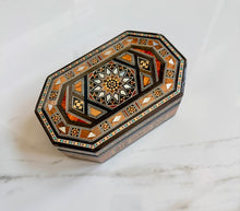 Load image into Gallery viewer, Handcrafted Marquetry Box | Mother of Pearl & Wood Inlay Octagonal Box | Middle Eastern Mosaic Jewelry Box