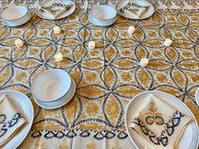 Load image into Gallery viewer, Table Cover: 117 x 58 inches Approx'. Aghabani Oriental for Rectangle Tables, Beige background with Gold and Navy Blue Silk Embroidery