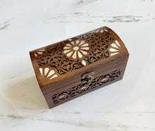 Load image into Gallery viewer, Handcarved Wooden Trunk Box with Mother of Pearl Inlay | Domed Lid Jewelry Chest | Boho Decorative Storage Box